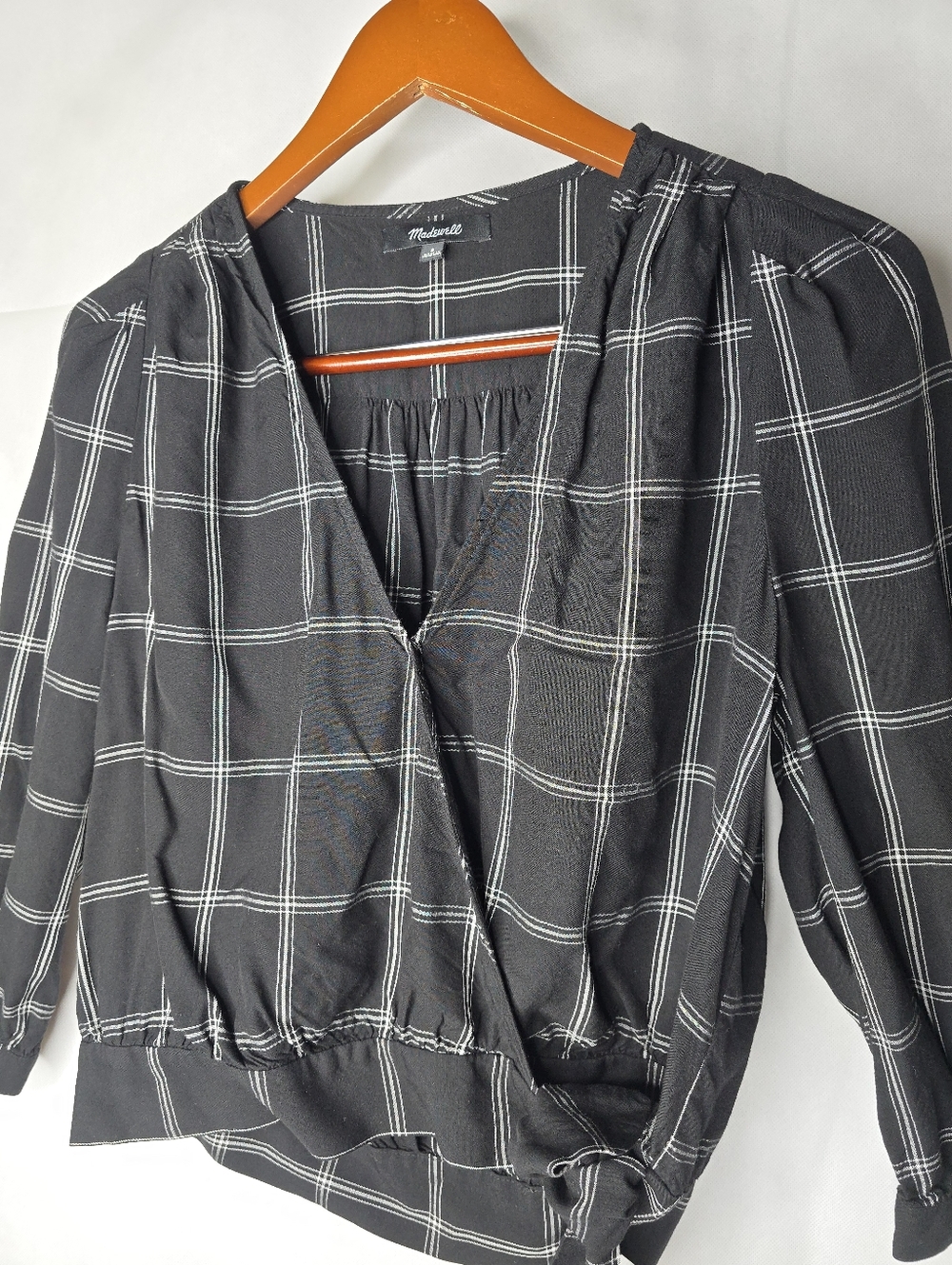 Madewell Crop Wrap Top Black Windowpane Plaid V-neck Tie Waist 3/4 Sleeve S